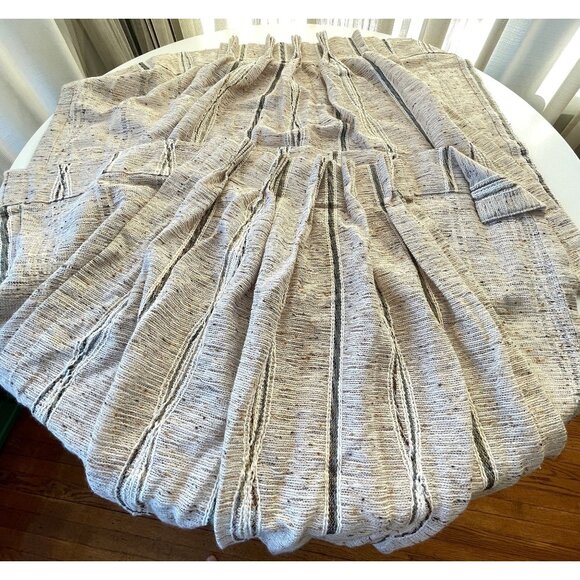 Vintage 1970s pleated curtains, beige & blue striped, pair of woven panels - Picture 5 of 9